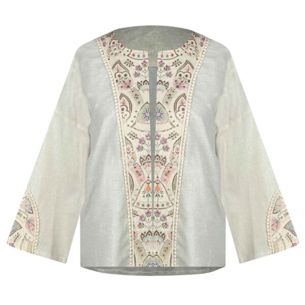 Women's Linen Manto, Hand-Embroidered with Sequins, Indian Style in Cream (1)