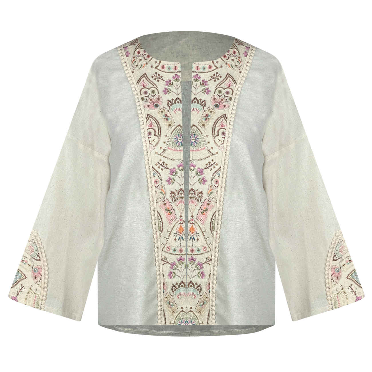 Women's Linen Manto, Hand-Embroidered with Sequins, Indian Style in Cream