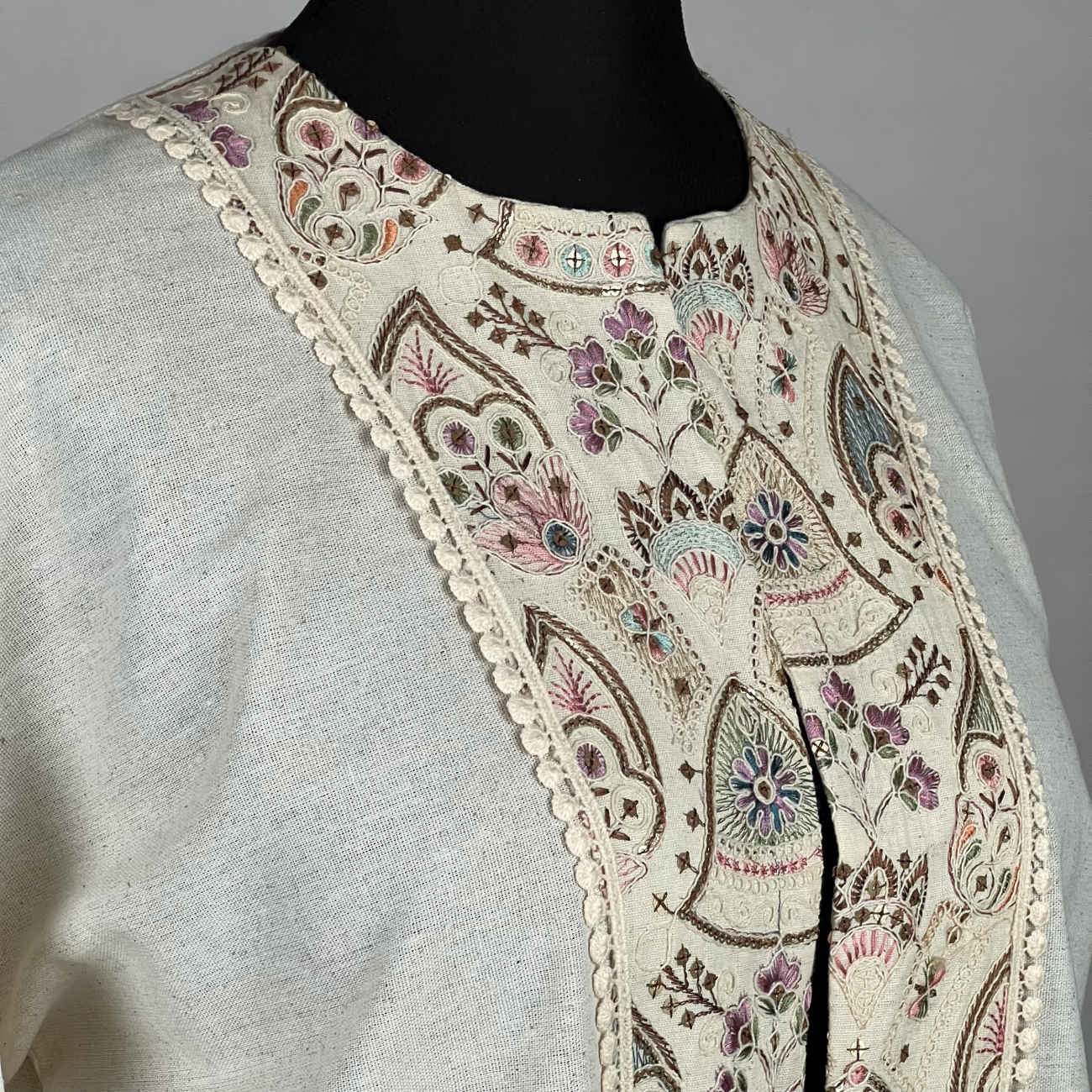 Women’s Linen Manto, Hand-Embroidered with Sequins, Indian Style in Cream