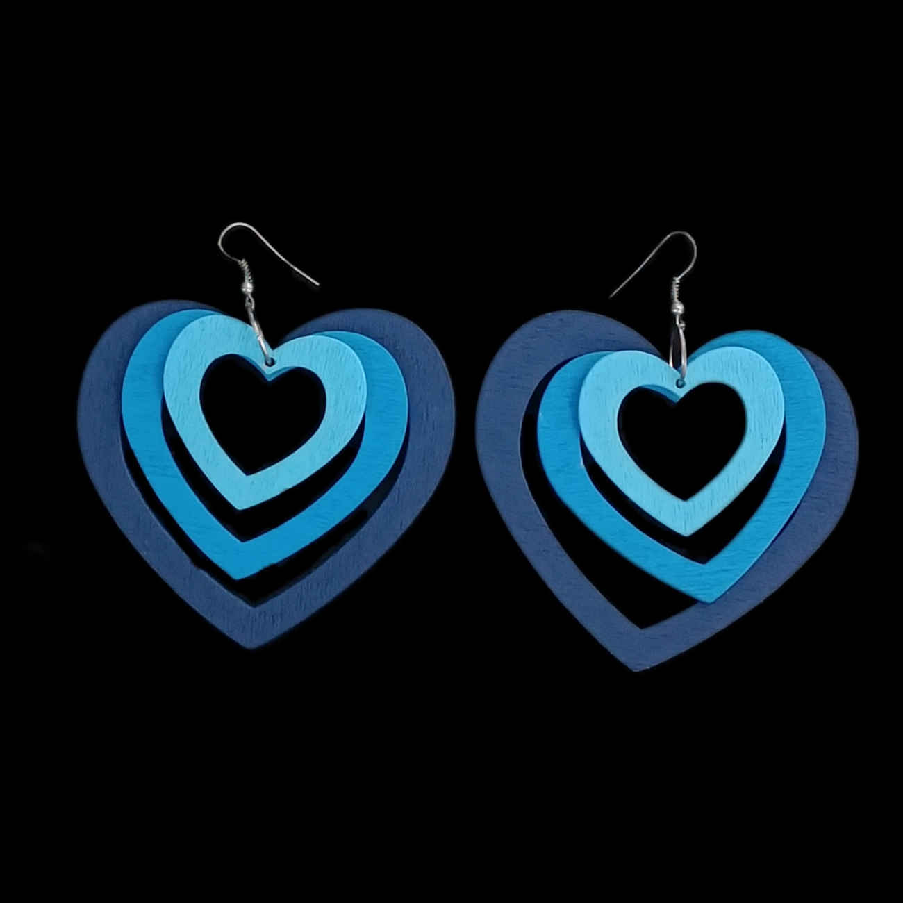 Chic 3D Heart Earrings – Carved Wood with a Pop of Blue