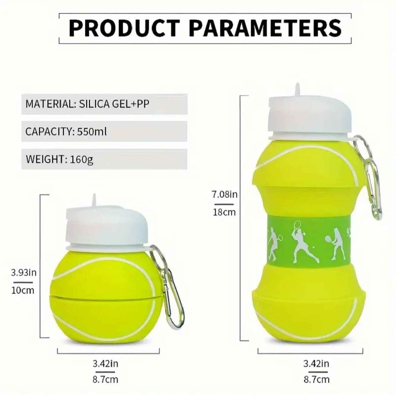 Collapsible Silicone Water Bottle – Tennis Ball Design, 0.55L Capacity