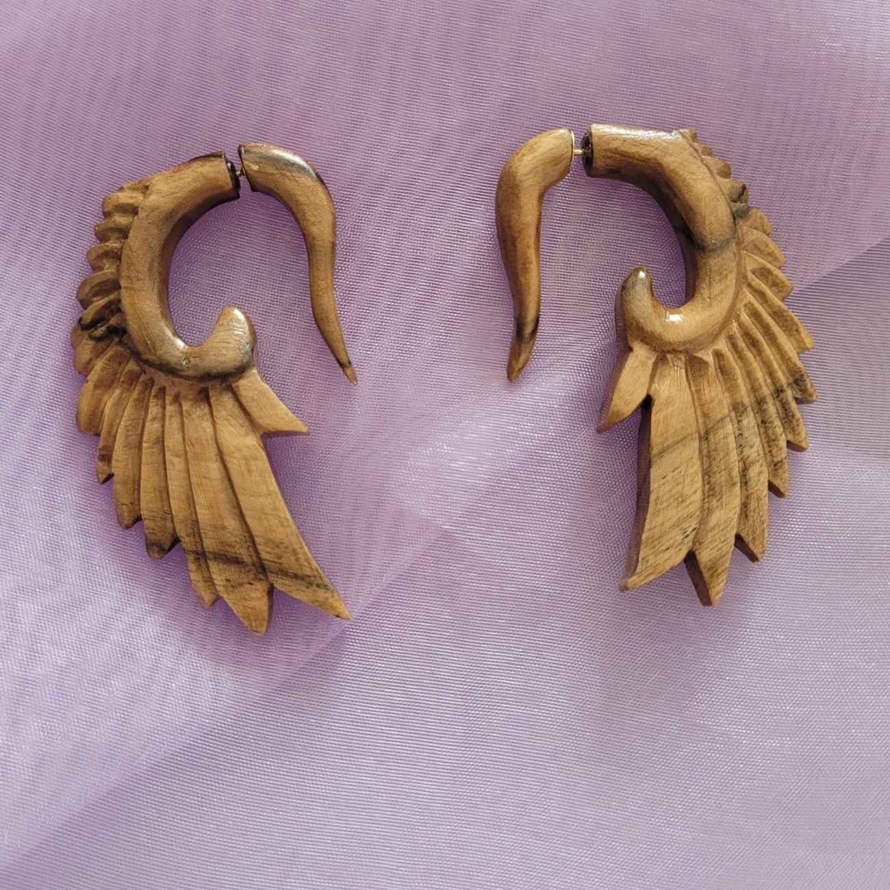 Hand-Carved Angel Wing Earrings – Natural Brown Wood Style