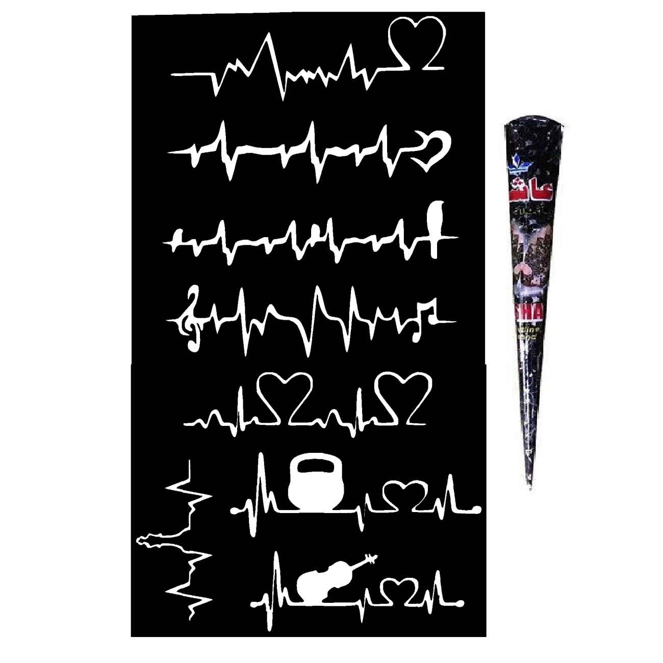 Heartbeat (ECG line) Motifs Design Henna Kit with Stencil Sheets (x9)