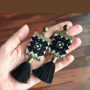 Square-Shaped Persian Needlework Earrings – The Art of Black & White Elegance