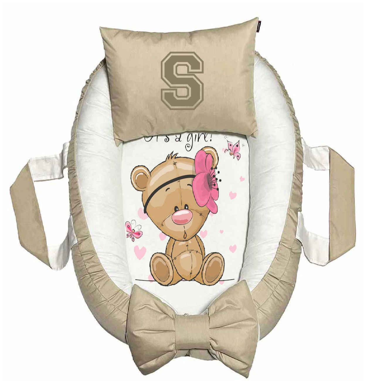 Anti-Roll Baby Nest with Personalized Pillow – Soft Velvet & Bear Design