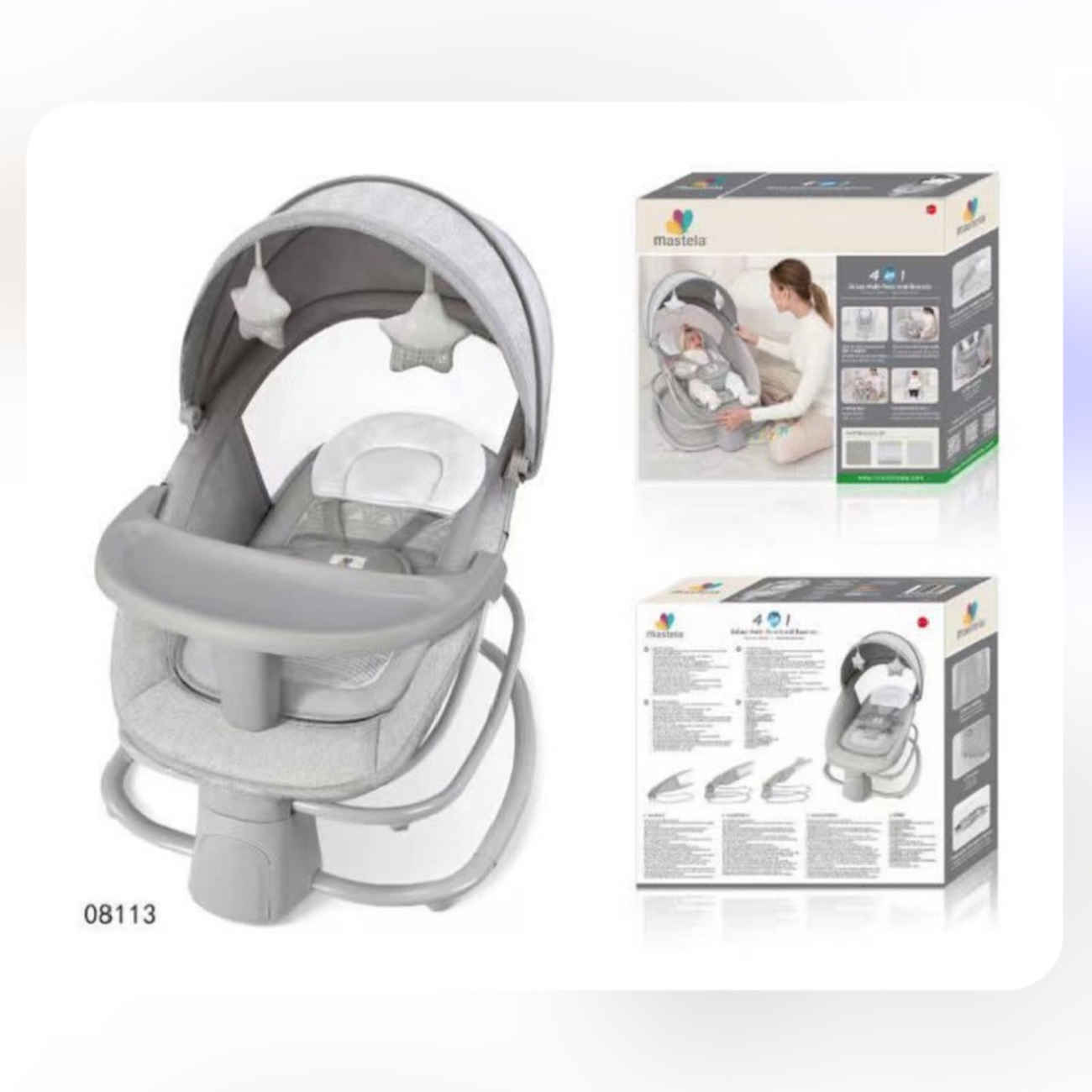 Deluxe 4-in-1 Electric Baby Cradle – Adjustable Swing Speeds & Smart Connectivity – Safety Harness & Canopy