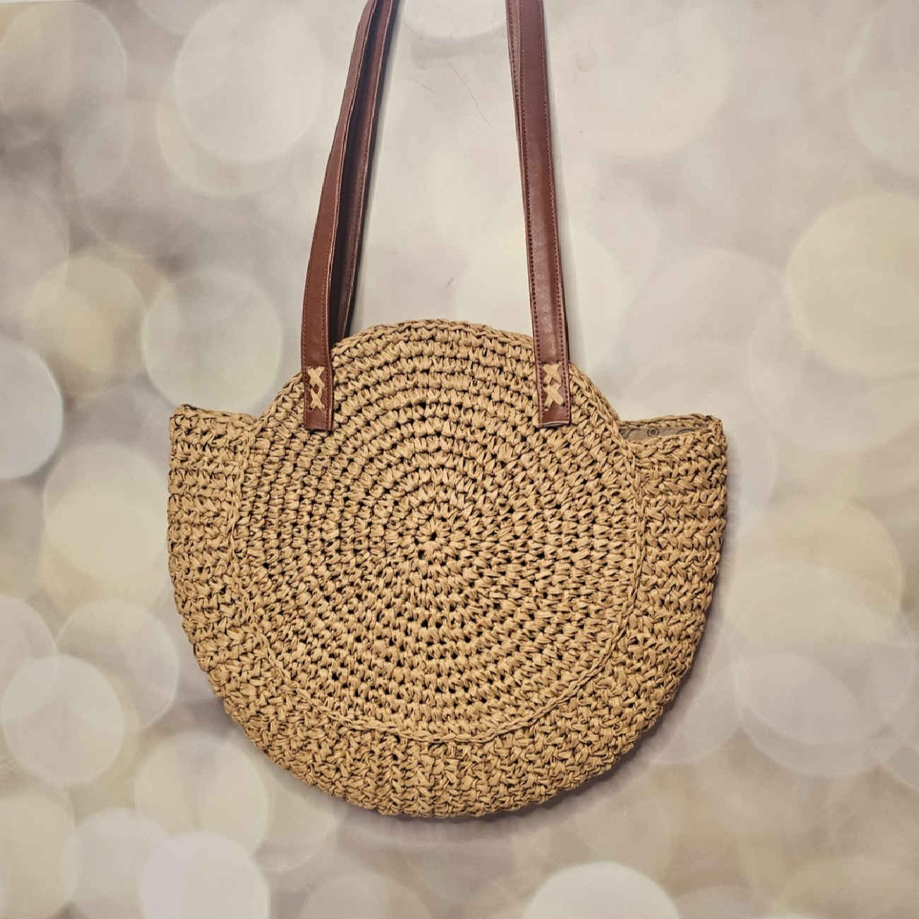 Handmade Crochet Raffia Summer Bag – Spacious Beach Shoulder Tote with Leather-Look Handles