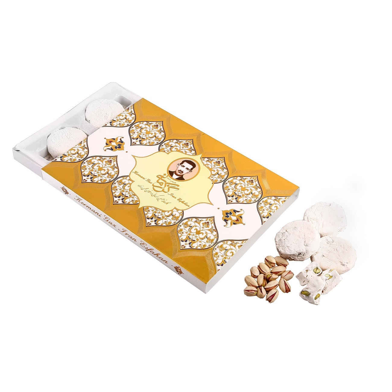 Kermani Gaz: 28%  Pistachio – Traditional Iranian Rosewater Nougat – 250g