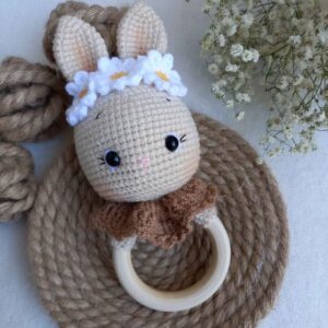 Knitted Baby Rattle with Wooden Handle & Cute Rabbit, Perfect for Little Hands