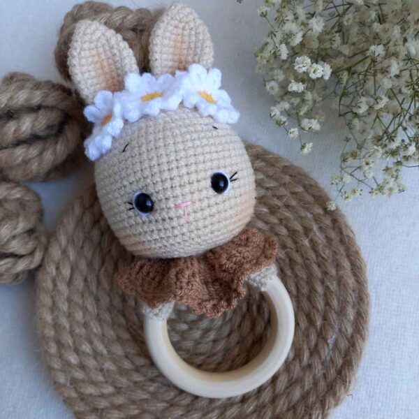 Knitted Baby Rattle with Wooden Handle & Cute Rabbit, Perfect for Little Hands (1)
