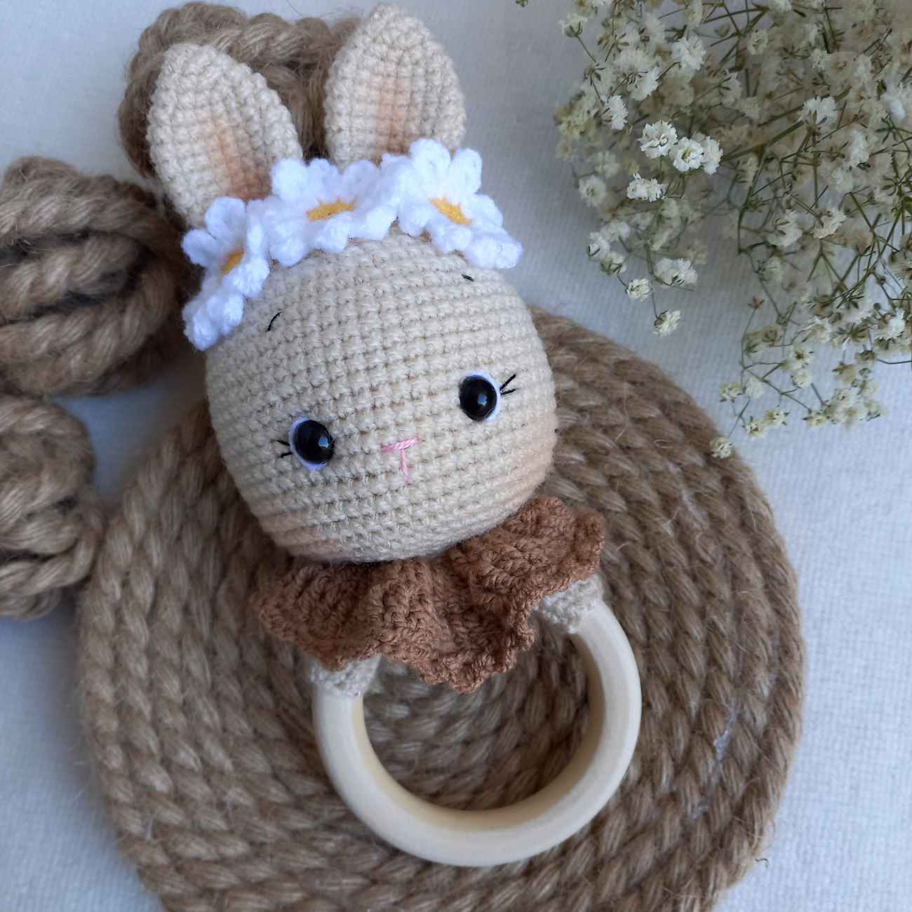 Knitted Baby Rattle with Wooden Handle & Cute Rabbit, Perfect for Little Hands