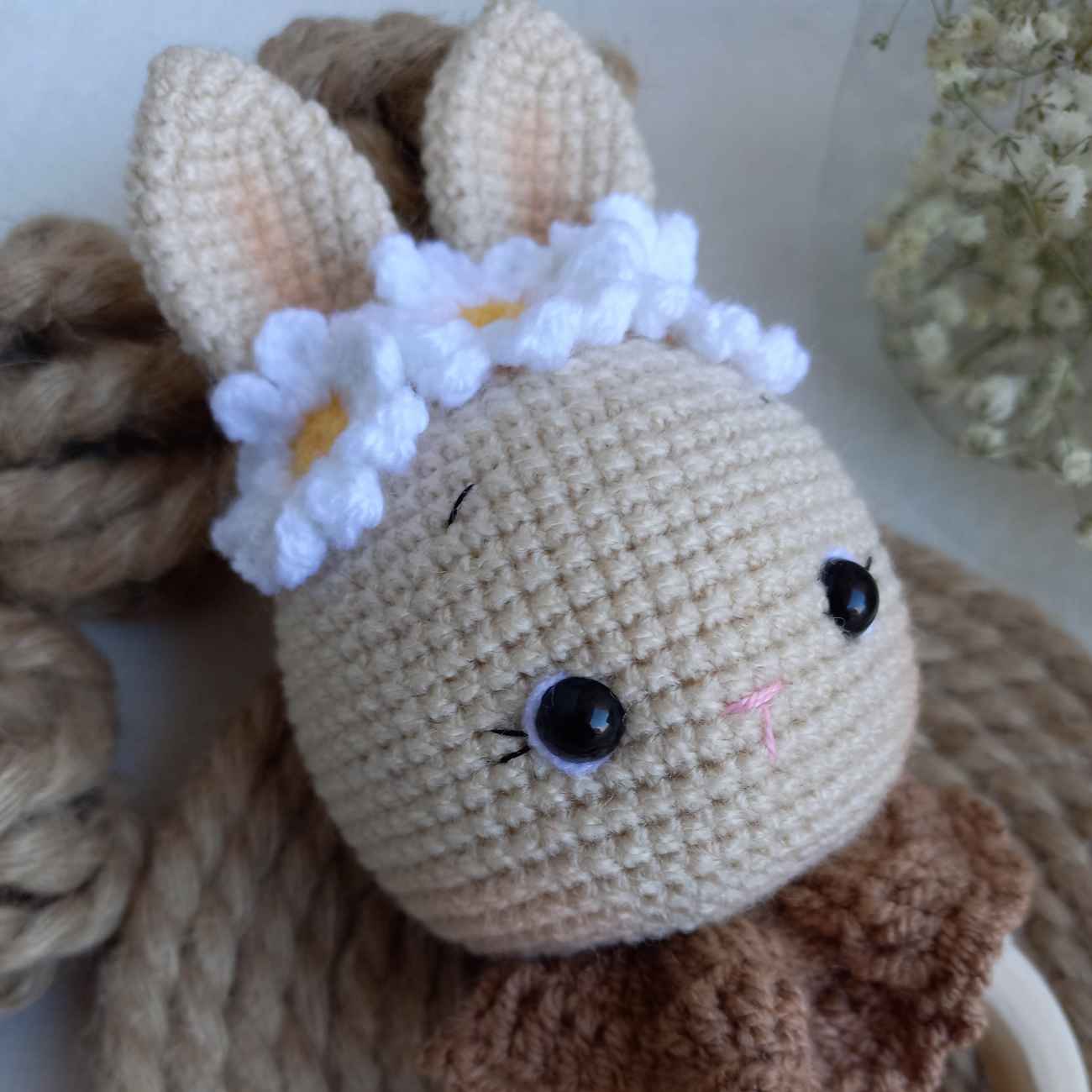 Knitted Baby Rattle with Wooden Handle & Cute Rabbit, Perfect for Little Hands