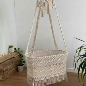 Macrame Hanging Baby Cradle – Handwoven Cream Hammock for Newborns