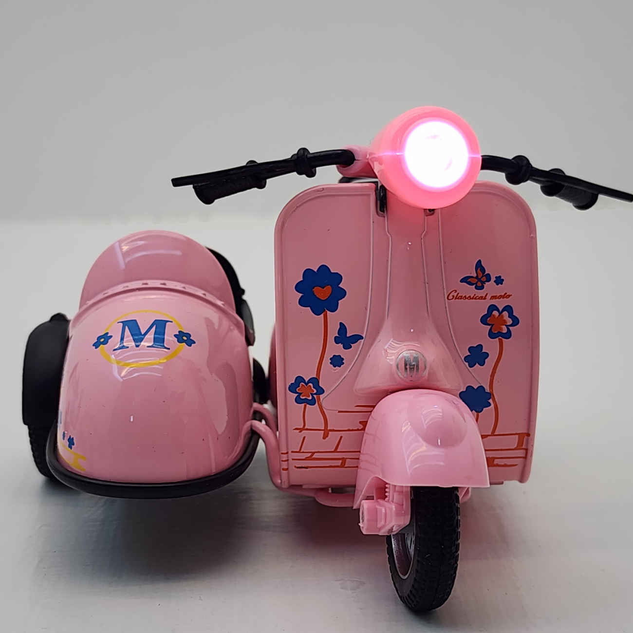 NabSell Vespa Sidecar Toy – Red Die-Cast Musical Scooter with Lights & Blue Floral Design