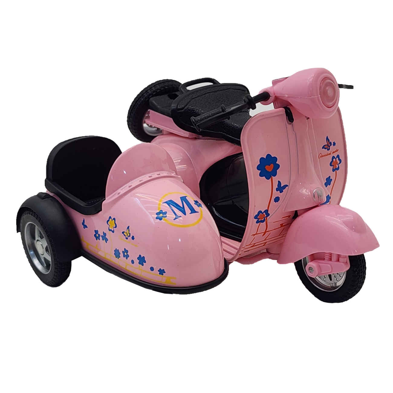 NabSell Vespa Sidecar Toy – Red Die-Cast Musical Scooter with Lights & Blue Floral Design