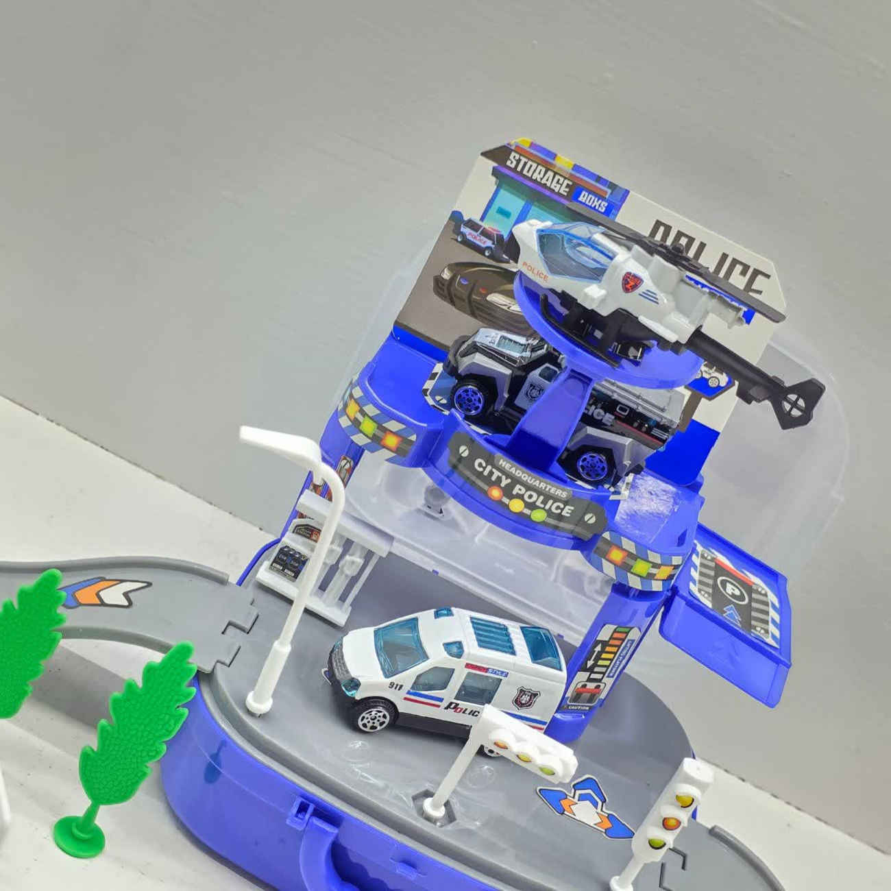 Police Suitcase Parking Playset 8-Piece– Includes 2 Die-Cast Police Cars & Rescue Helicopter