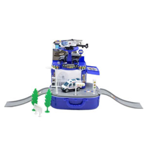 Police Suitcase Parking Playset 8-Piece– Includes 2 Die-Cast Police Cars & Rescue Helicopter