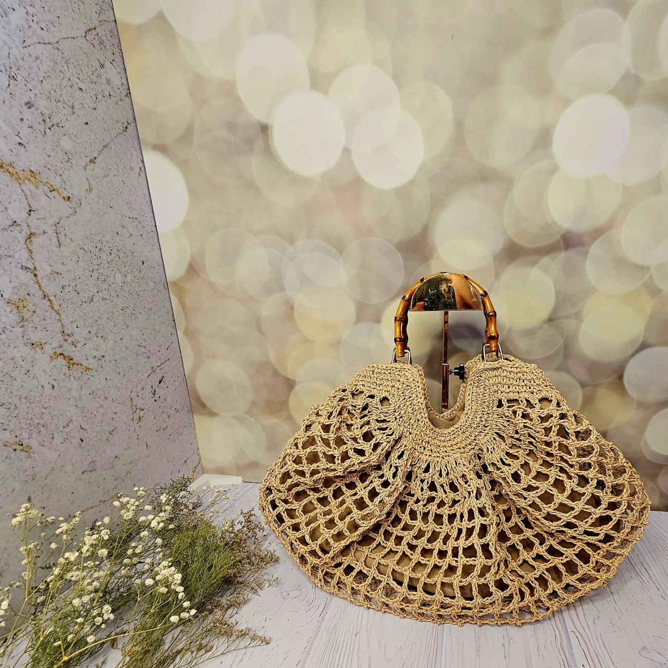 Raffia Oversized Tote – Stylish Handwoven Bag with Bamboo Handles