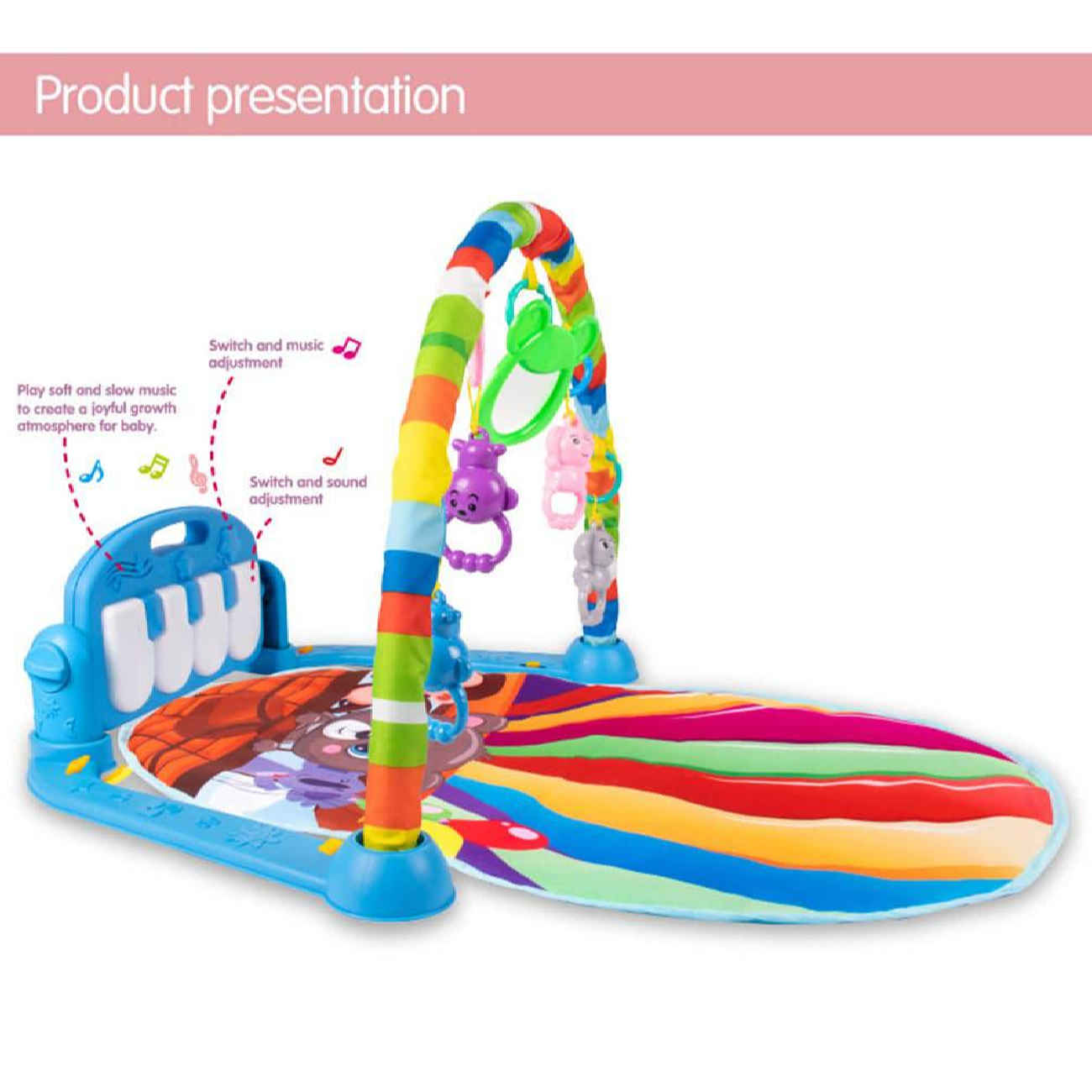 Safe and Soft Animal Print Baby Mat with Piano and Rattles