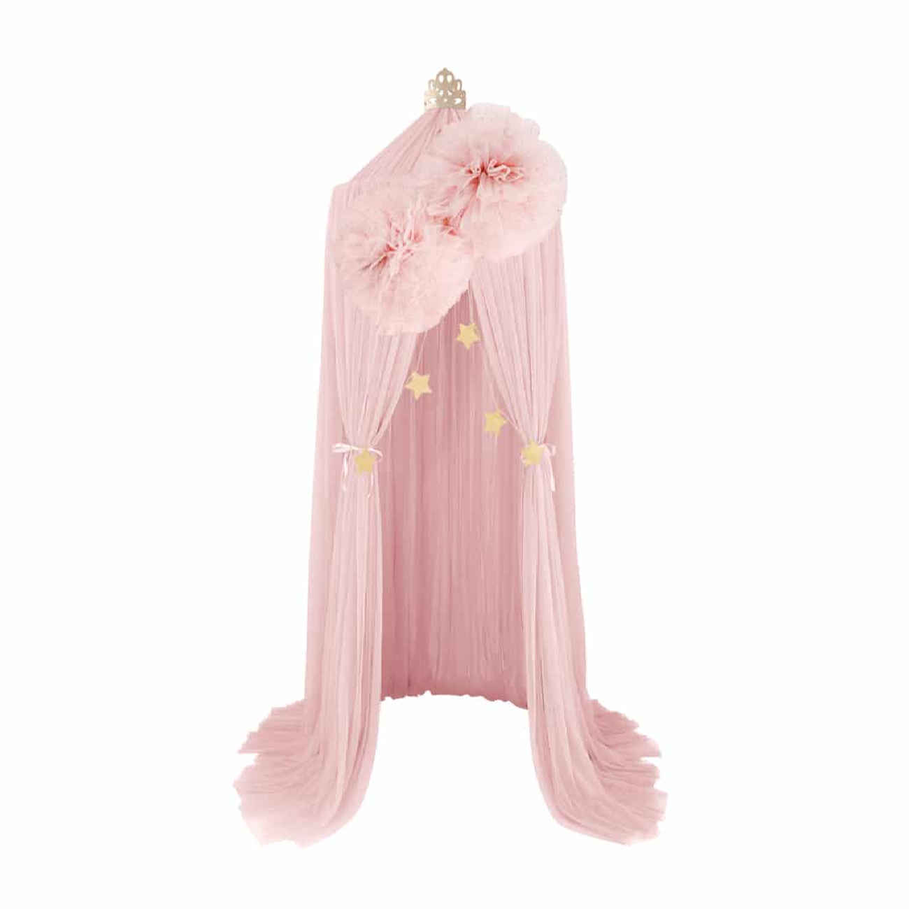 Starry Chiffon Bed Canopy – Sheer Fabric with Pom-Poms and Golden Star Accents
