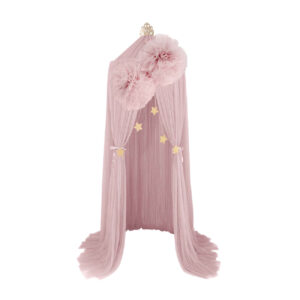 Starry Chiffon Bed Canopy – Sheer Fabric with Pom-Poms and Golden Star Accents