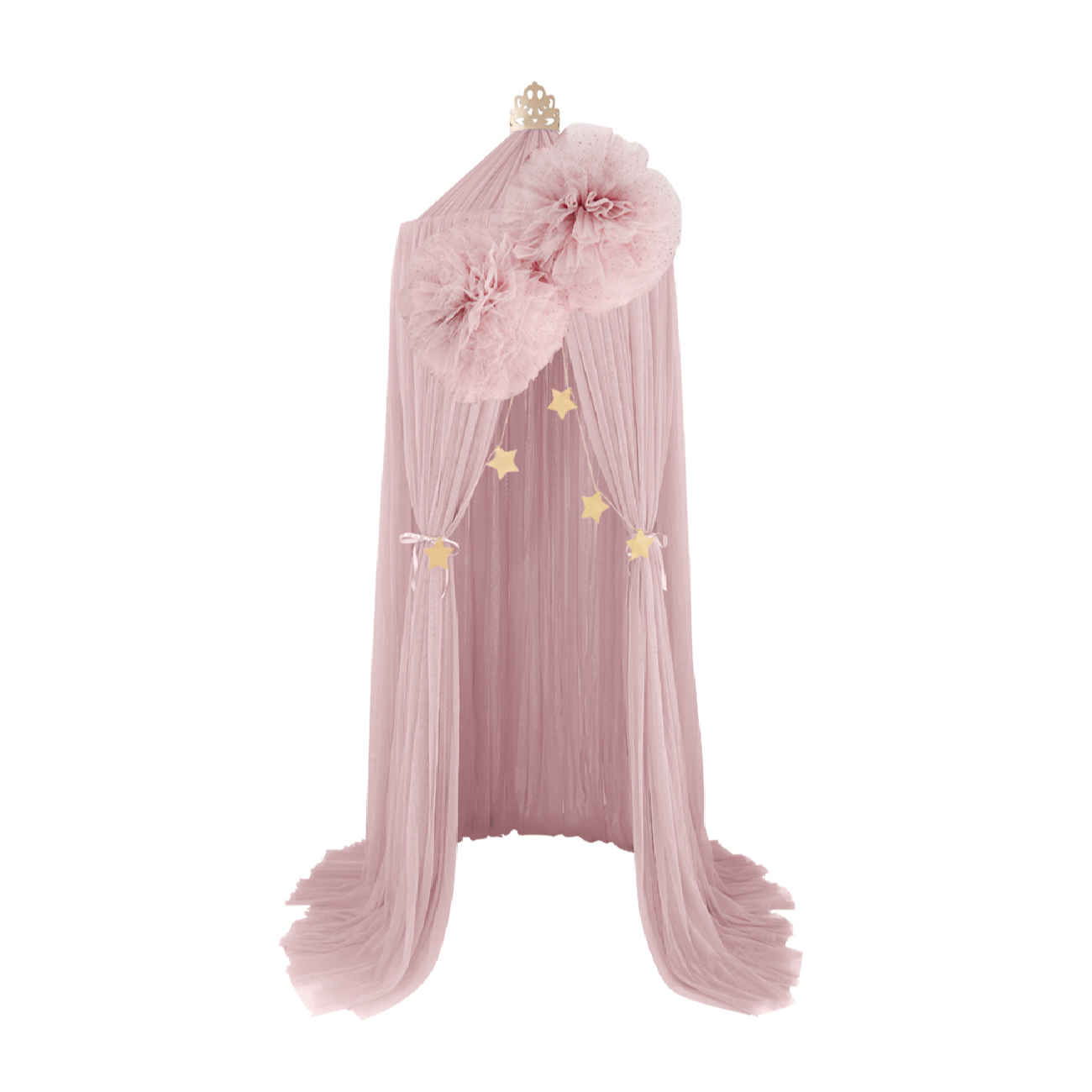 Starry Chiffon Bed Canopy – Sheer Fabric with Pom-Poms and Golden Star Accents