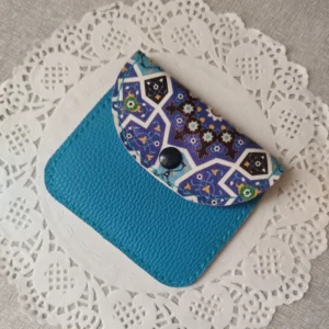 Snap Button Persian Leather Card Wallet – Turquoise Tile Design