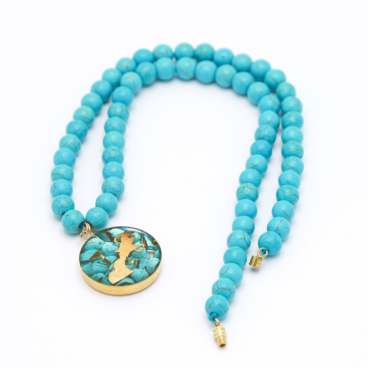 Nishapour Turquoise Necklace Featuring Zodiac Gold Leaf Design – Aquarius (Bahman)