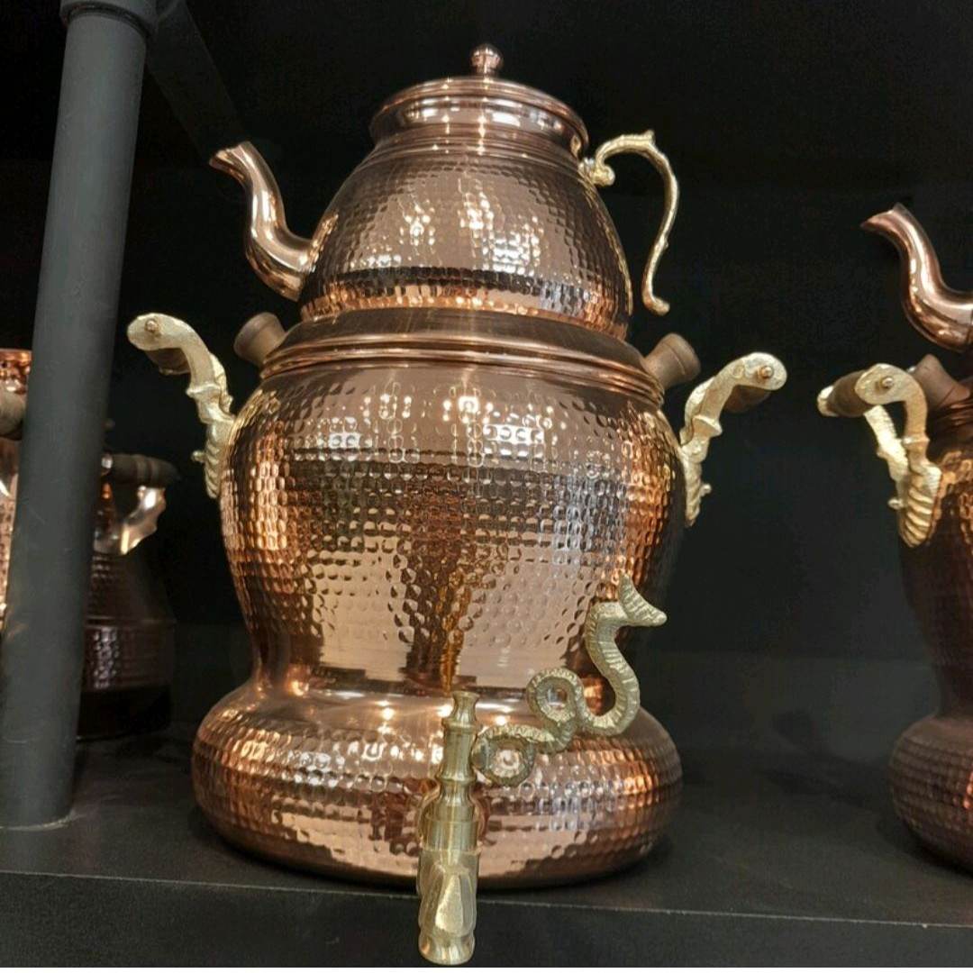 Hand-Hammered Persian Copper Stovetop Samovar & Kettle Set – 4-Liter Rustic Design