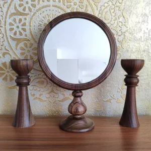 Handcrafted Walnut Mirror Frame & Candlesticks – 30 cm Height Rustic Set