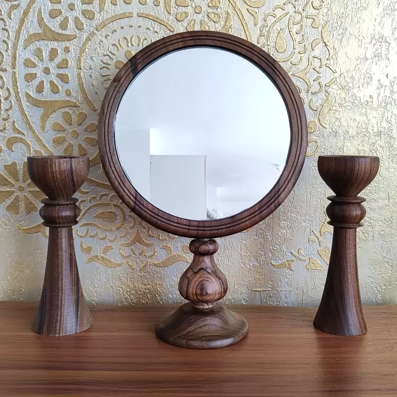 Main image of Handcrafted Walnut Mirror Frame & Candlesticks – 30 cm Height Rustic Set