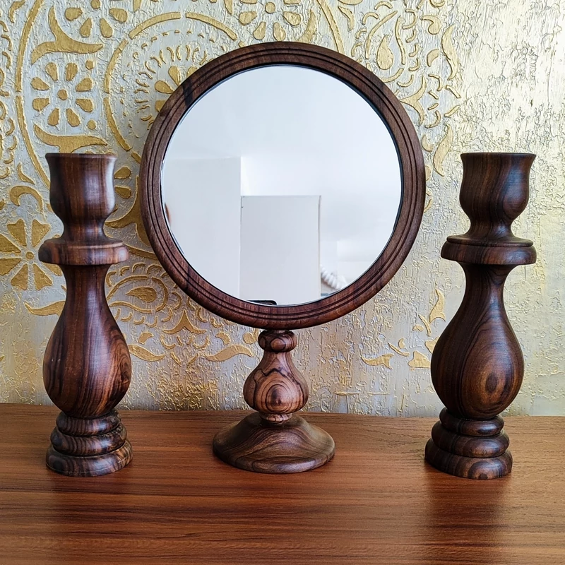 Main image of Handcrafted Walnut Wood Mirror Frame with Matching Candlesticks - Rustic Style