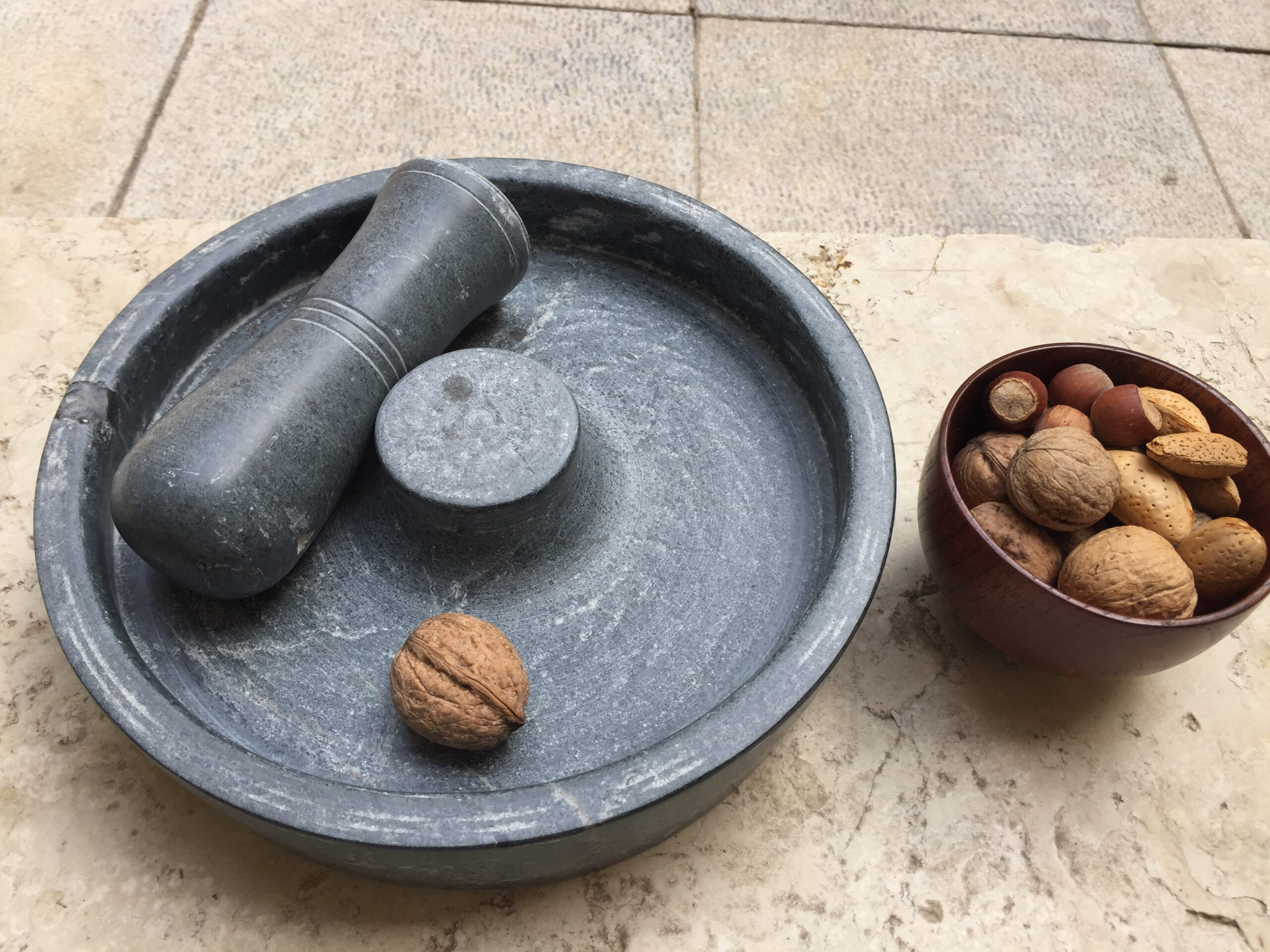 Handcrafed Serpentine Stone Nutcracker Bowl with Bakelite Handle, Perfect for Hard-Shelled Nuts
