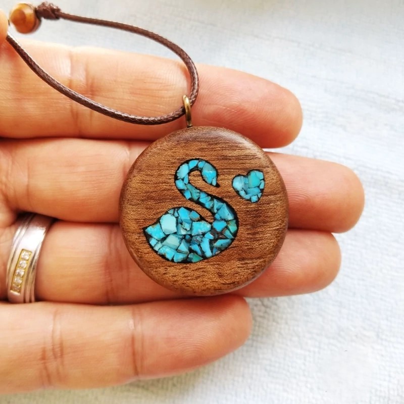 Handmade Wooden Swan Necklace with Persian Nishapur Turquoise Inlay