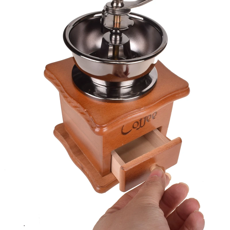 Manual Coffee Grinder with Ceramic Blades – Beech Wood Body, Metal Lever, and Drawer