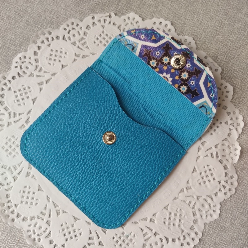 Snap Button Persian Leather Card Wallet – Turquoise Tile Design
