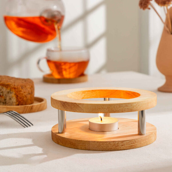 Modern Wood & Stainless Steel Tea Warmer Stand – Heat-Resistant for Teapots (1)