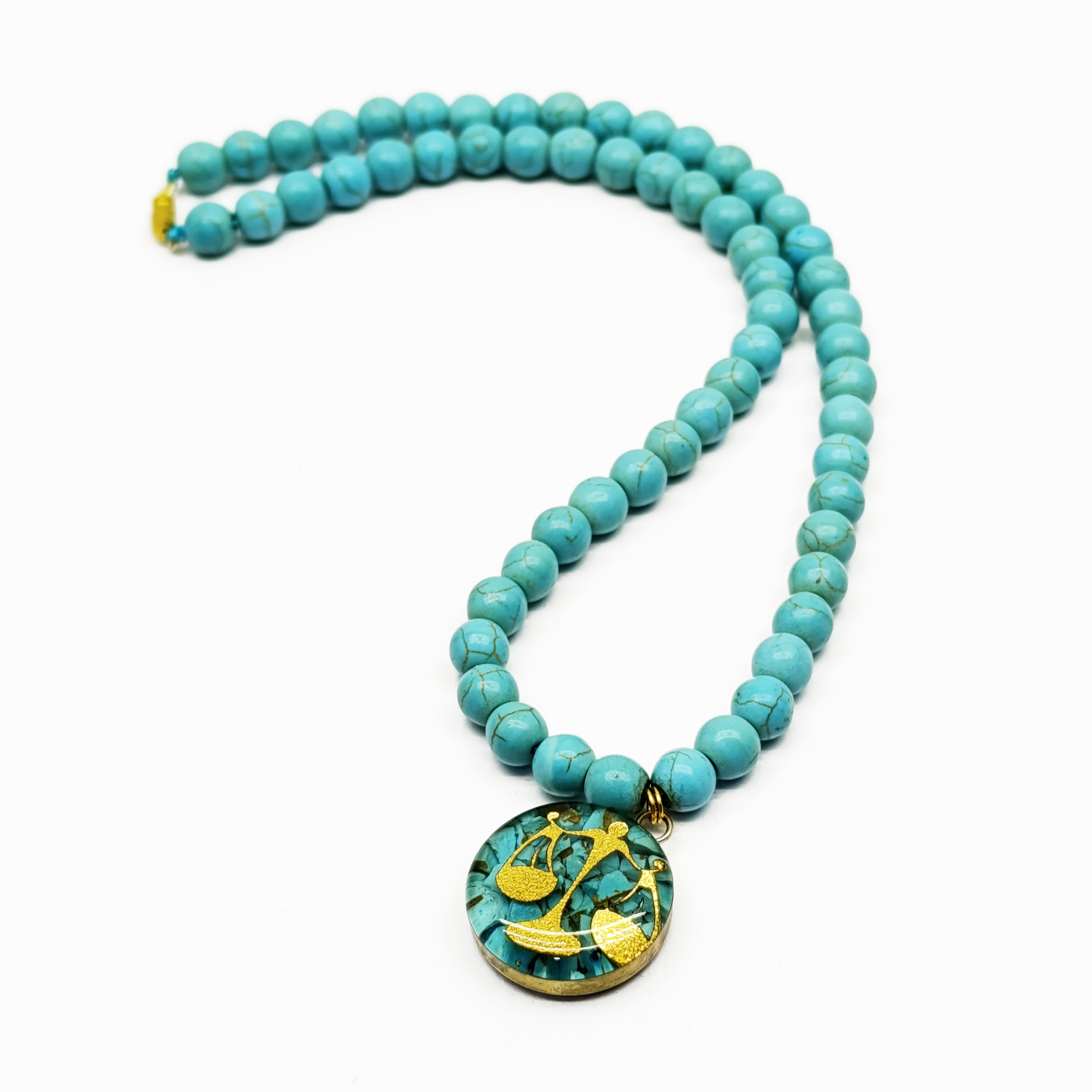 Nishapour Turquoise Necklace Featuring Zodiac Gold Leaf Design – Libra (Mehr)