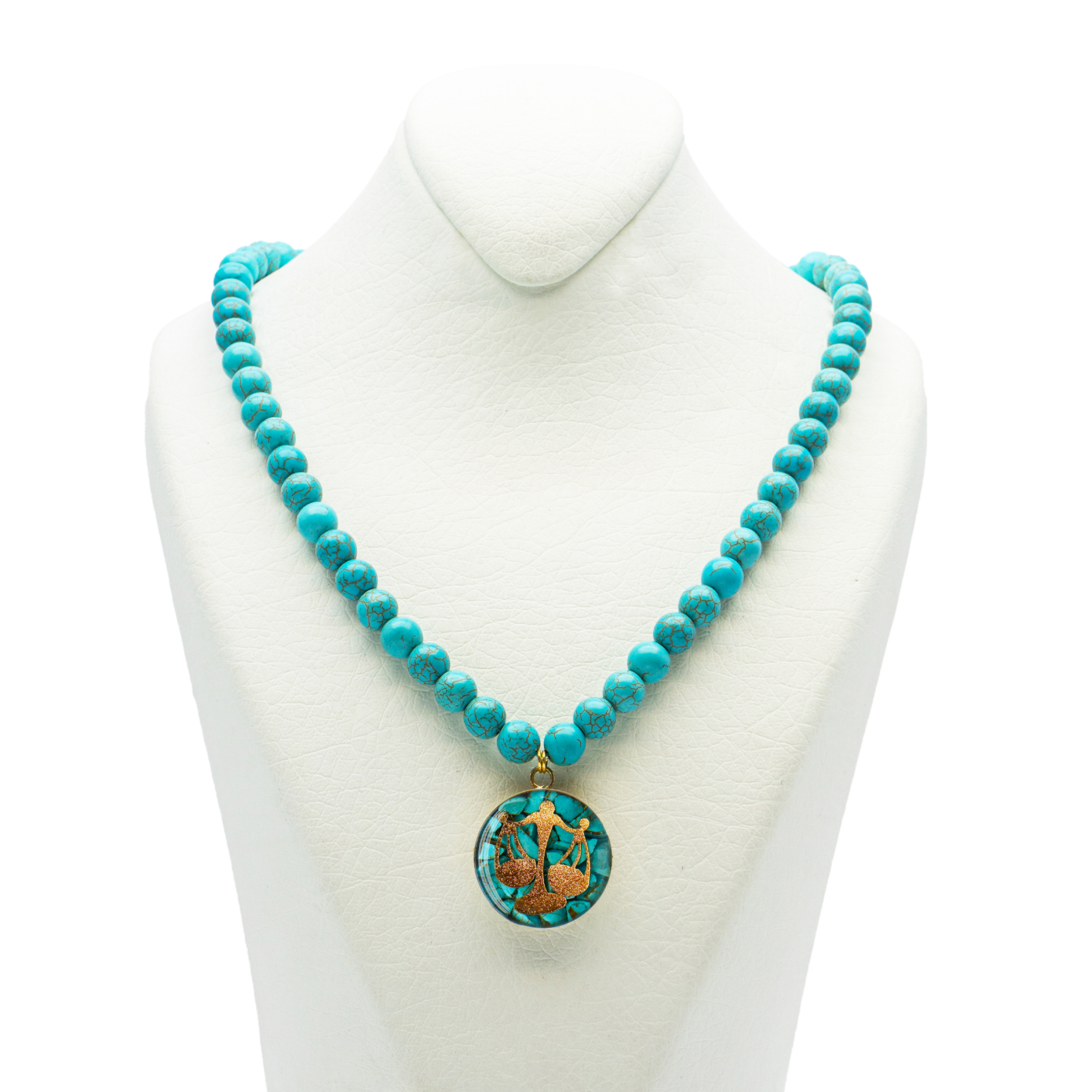 Main image of Nishapour Turquoise Necklace Featuring Zodiac Gold Leaf Design – Libra (Mehr)