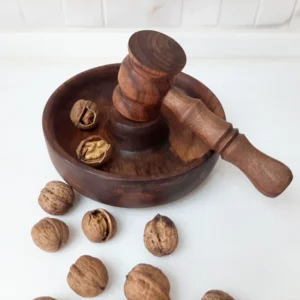 Rustic Natural Walnut Nutcracker Set – Handcrafted Wooden Bowl & Hammer for Cracking Walnuts, Almonds & Mixed Nuts
