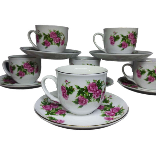 Traditional Ceramic Cup & Saucer Set – 12-Piece with Red Rose Motif