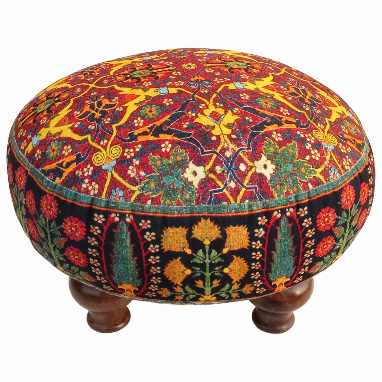 Traditional Persian Velvet Ottoman – Seven Vibrant Colors & Carved Wooden Legs