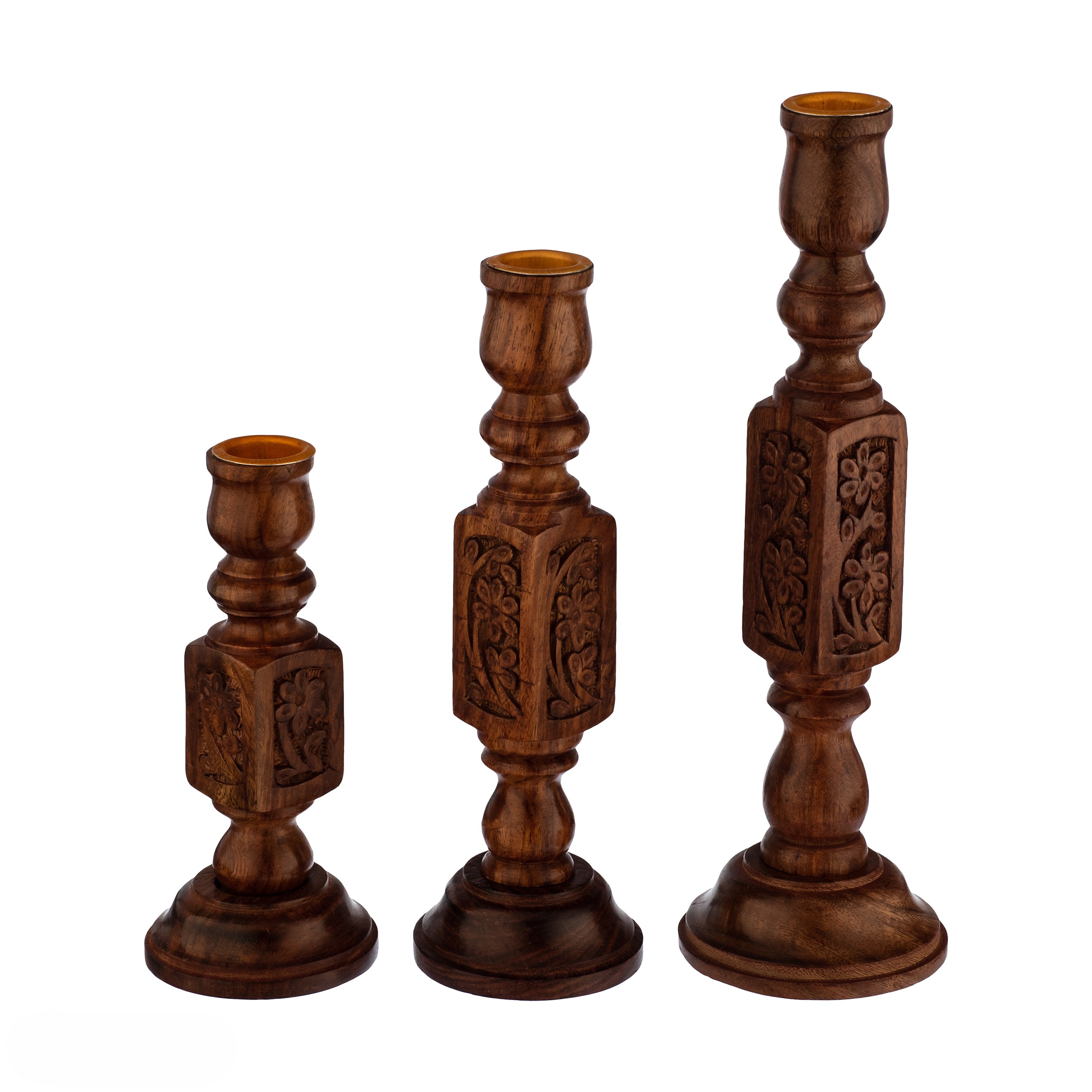 Main image of Wooden Candlestick with Carved Floral Design Set of 3 - For Taper Candle