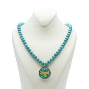 Nishapour Turquoise Necklace with Zodiac Gold Leaf Taurus ‘Ordibehesht’ Design