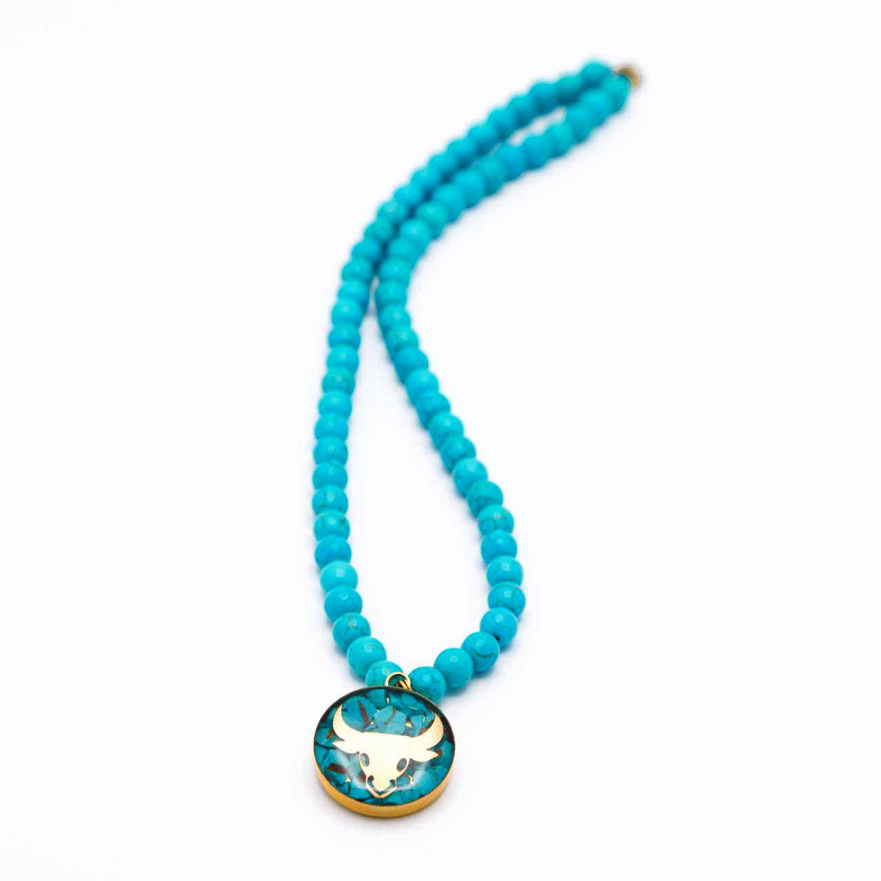 Nishapour Turquoise Necklace with Zodiac Gold Leaf Taurus ‘Ordibehesht’ Design