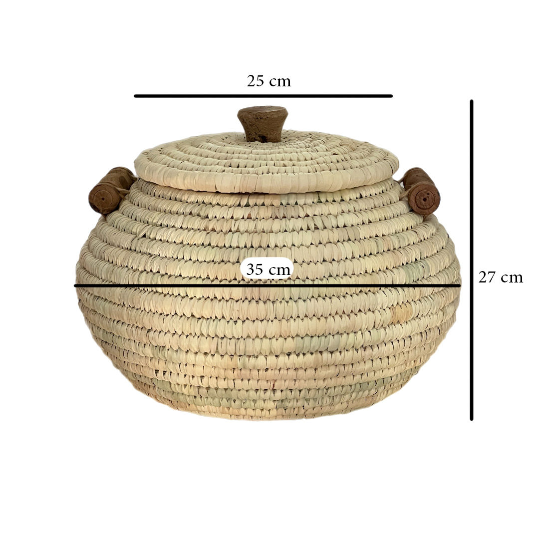 Persian Traditional Kapu – Handwoven Palm Leaf Storage Basket with One-Piece Lid and Wooden Handles