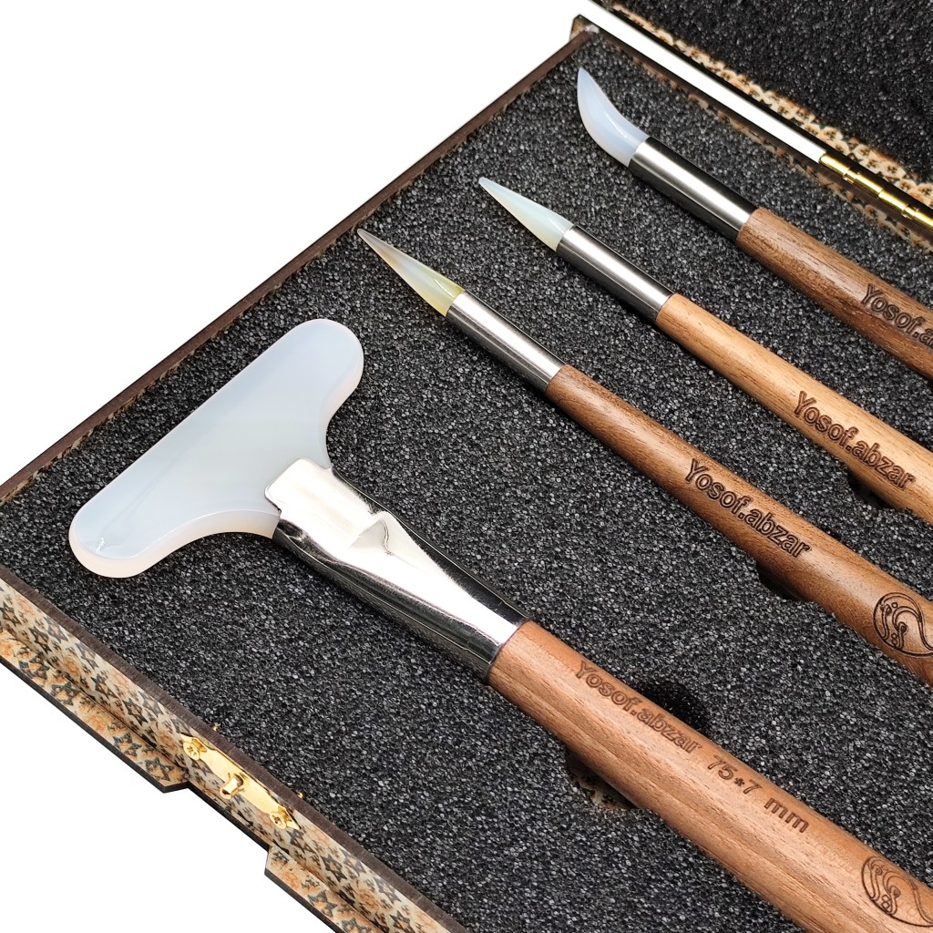 Agate Burnisher Set with Walnut – Mulberry Handle 5 Pieces _ Ideal for Persian Tazhib Art on Paper and Jewelry