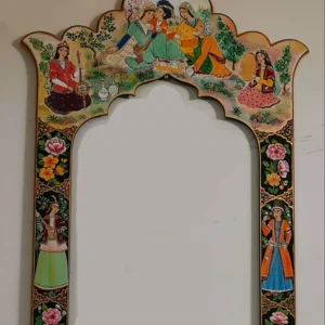 Artisan Wooden Scalloped Mirror Frame with Qajar-Inspired Painting
