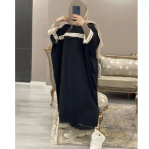 Black Abaya – Closed Front with Light‑Colored Fringe Detailing and Side Silts, Modest Fashion