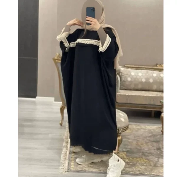 Black Kaftan Abaya Poncho – Closed Front with Light‑Colored Fringe Detailing, Modest Fashion, Free Size (1)